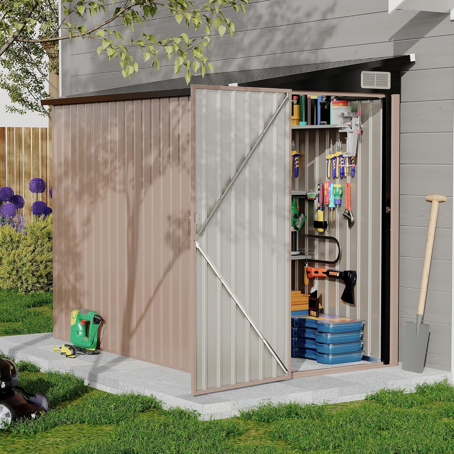 4x8 FT Metal Outdoor Lean to Storage Shed, Lean to Garden Shed Utility Tool Shed, Heavy-Duty Outdoor Metal Wall Side Storage Sheds