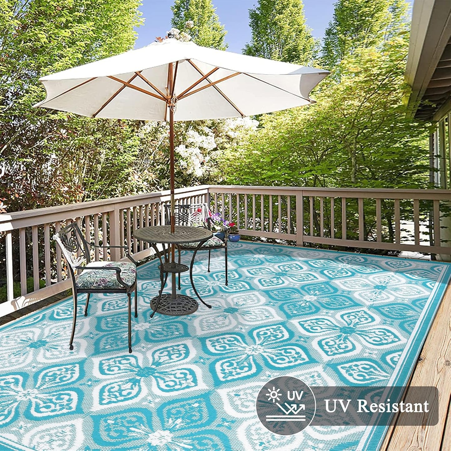 Pauwer Waterproof Outdoor Rug 9x12, Reversible Plastic Straw Patio Camping Rug, Indoor Outdoor RV Mat Carpet for Deck, Camper, Porch, Balcony, Backyard, Picnic, Clover Teal