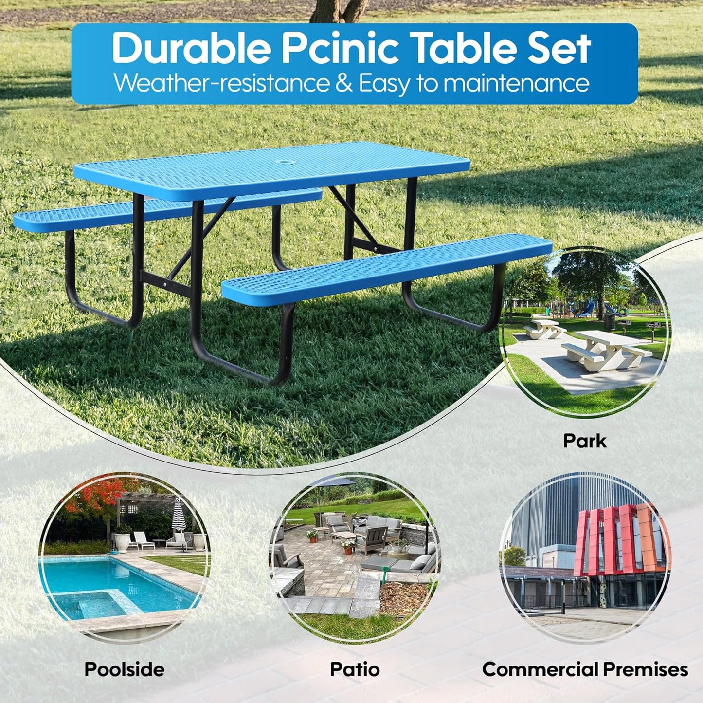 6FT Metal Picnic Tables for Outdoors, Commercial Rectangular Picnic Table and Bench Set for Outside, Patio, Garden, Backyard, Porch, Surface Mount, Blue