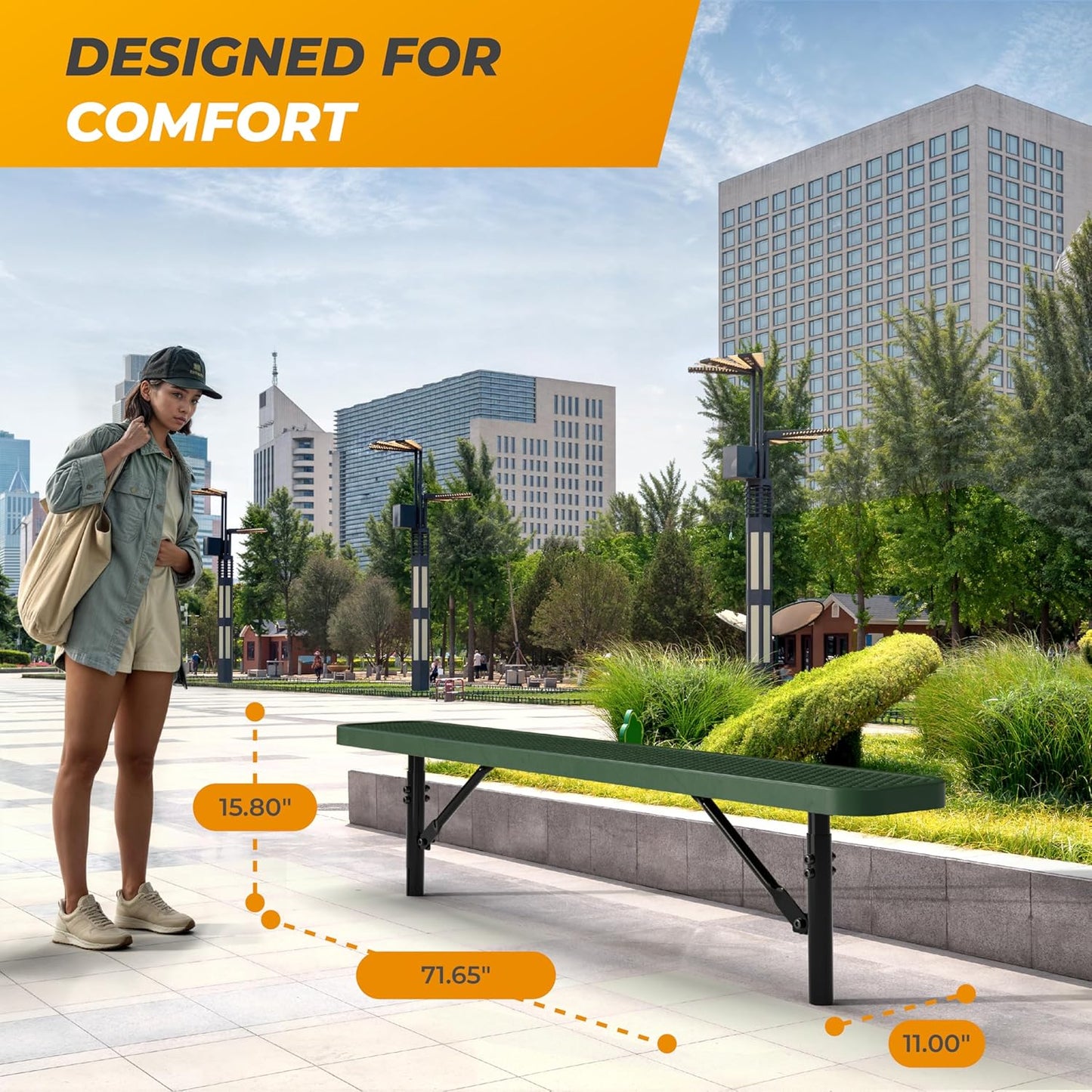 Heavy-Duty Outdoor Metal Bench, Thermoplastic-Coated, Inground, Weatherproof, Commercial-Grade for Parks, Gardens, Patios, Stores & More (6 Ft - Inground, Green)