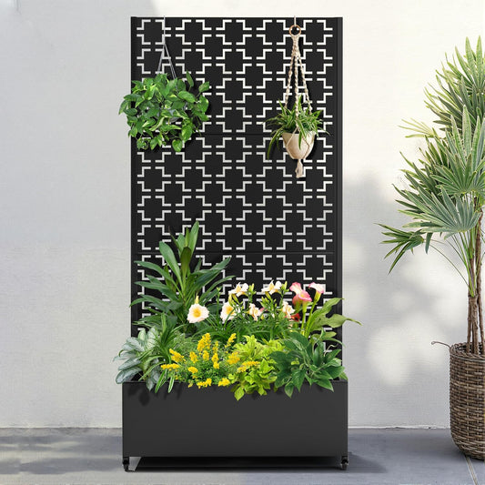 FENCY Metal Raised Garden Bed with Wheels and Trellis,73"x35"x16" Planter Box for Climbing Plants, Vegetables & Vines, Features Privacy Screen and Drainage Holes (Black-Square)