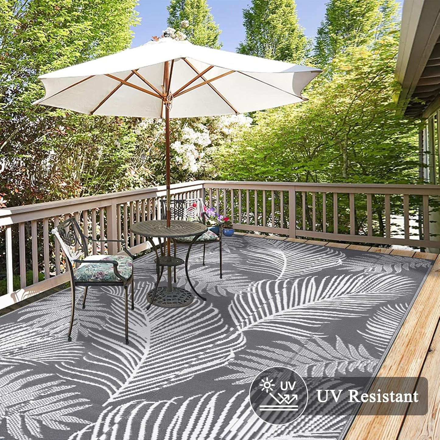 Pauwer Waterproof Outdoor Rug 6x9, Reversible Plastic Straw Patio Camping Rug, Indoor Outdoor RV Mat Carpet for Deck, Camper, Porch, Balcony, Backyard, Picnic, Leaf Grey