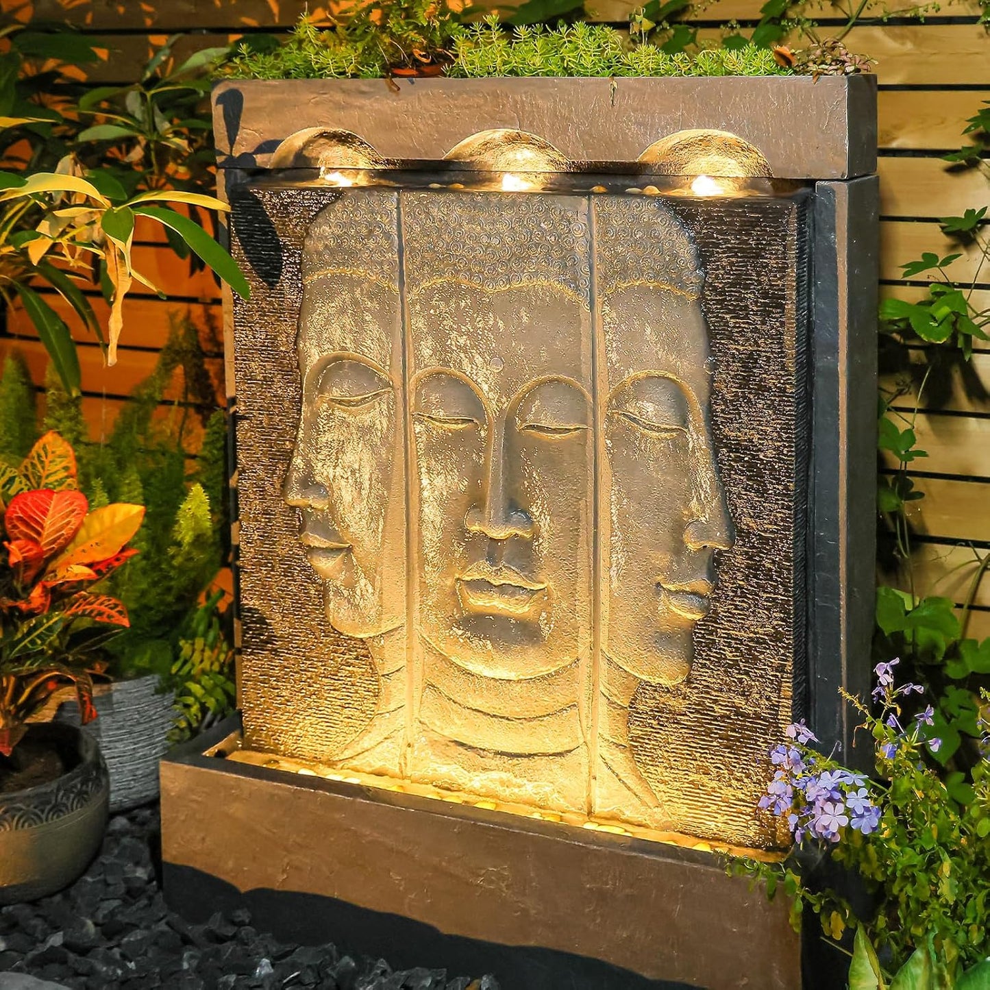 Zen Buddha Wall Fountain - Large Indoor Outdoor Waterfall Water Fountains with Planting Groove, Quiet Meditation Water Feature for Garden Patio Backyard Deck Lawn, 45 inches Tall, Gray
