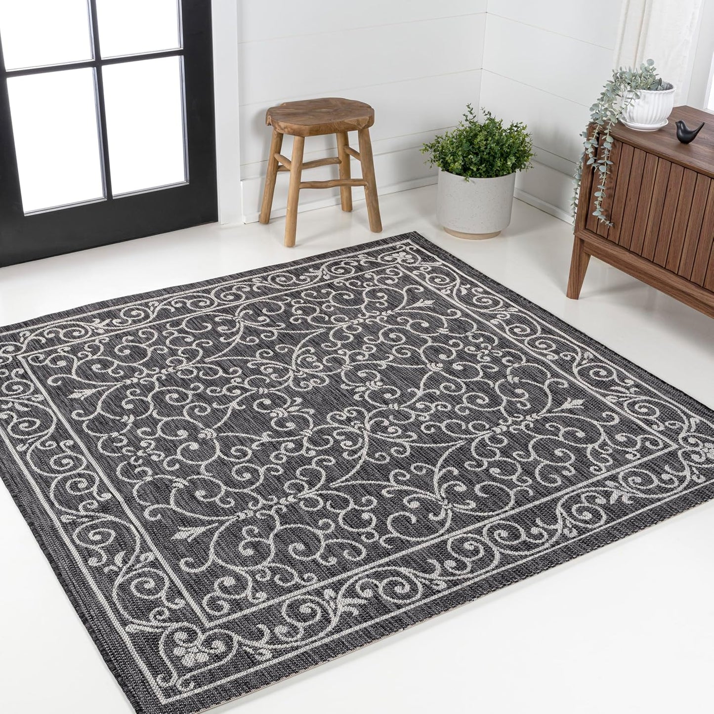 JONATHAN Y SMB106G-9SQ Charleston Vintage Filigree Textured Weave Black/Gray 9' Square Indoor/Outdoor Area Rug, Pet Friendly, Non-Shedding, Stain Resistant, Easy-Cleaning for Backyard, Patio, Porch