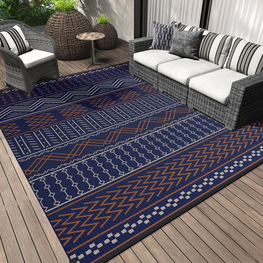 Outdoor Rug Carpet Waterproof 8x10 ft Patio Rug Mat Indoor Outdoor Area Rug for RV Camping Picnic Reversible Lightweight Plastic Straw Outside Rug for Patio Decor Decoration Boho Rug Navy Red