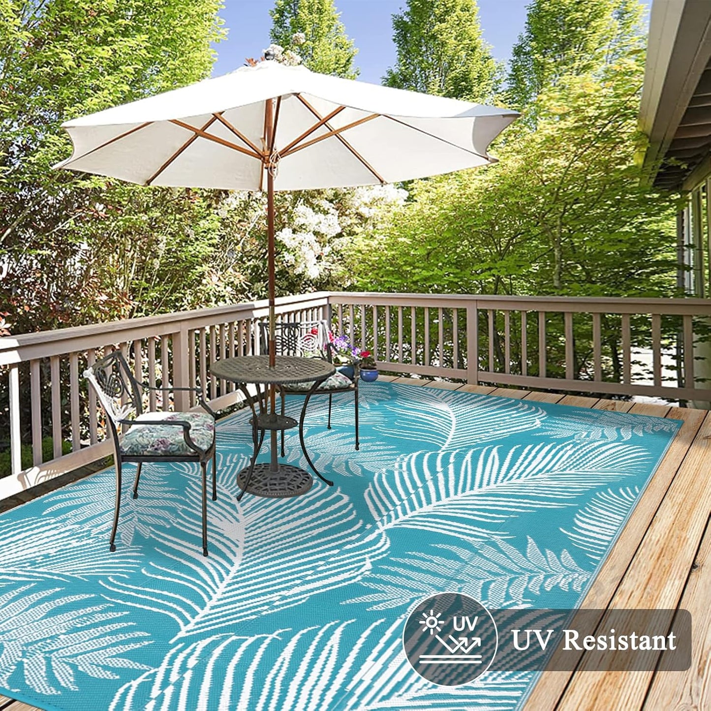 Pauwer Waterproof Outdoor Rug 8x10, Reversible Plastic Straw Patio Camping Rug, Indoor Outdoor RV Mat Carpet for Deck, Camper, Porch, Balcony, Backyard, Picnic, Leaf Teal