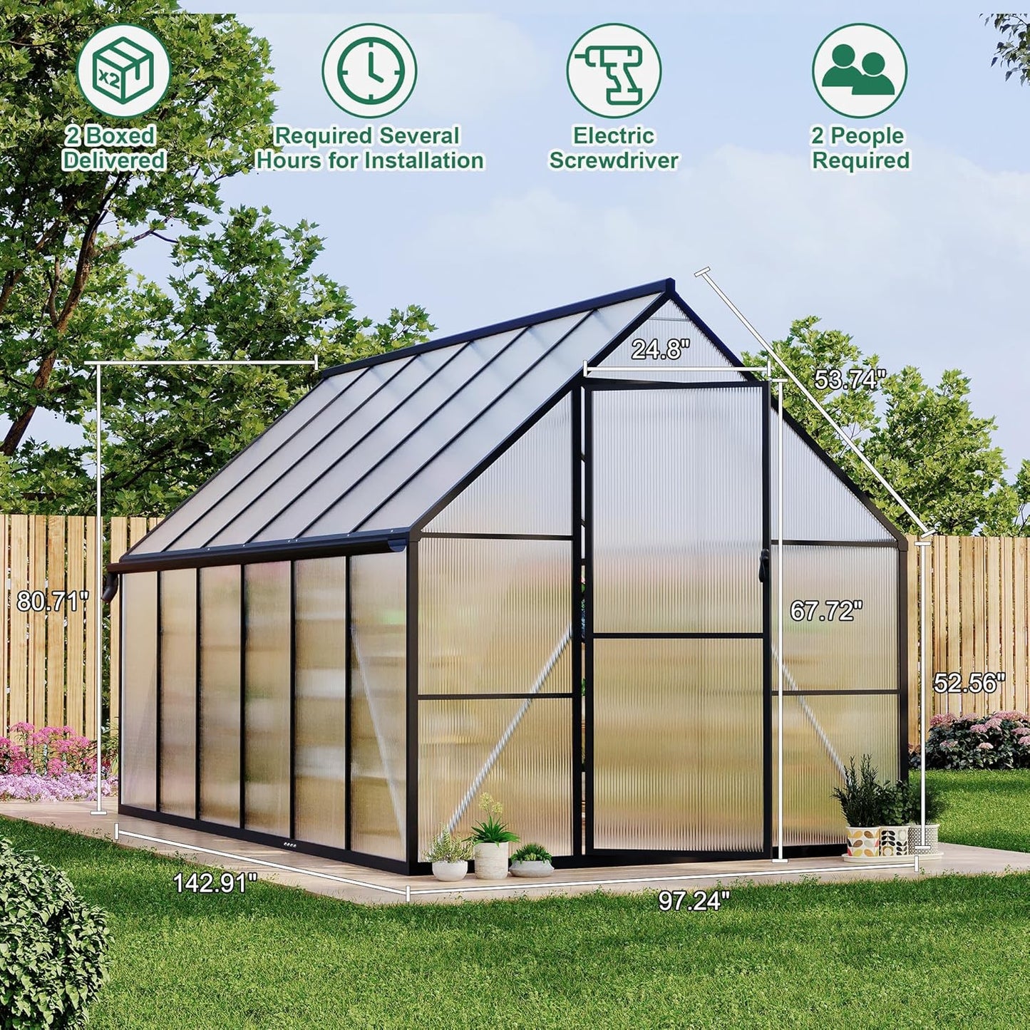 8'x12' Aluminum-Framed Polycarbonate Greenhouse, Heavy Duty Polycarbonate Greenhouse with Quick Setup Structure and Roof Vent, Large Enhanced Aluminum Green House Kit for Outdoors