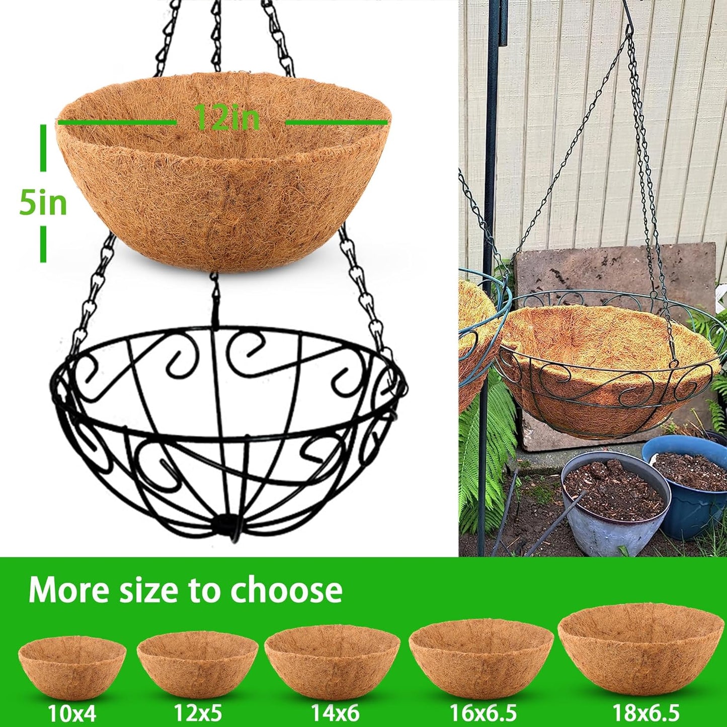 6 Pcs of 12-Inch Hanging Basket Coco Liners Replacement - Natural Round Coconut Fiber Planter Basket Liners for Hanging Basket Flowers