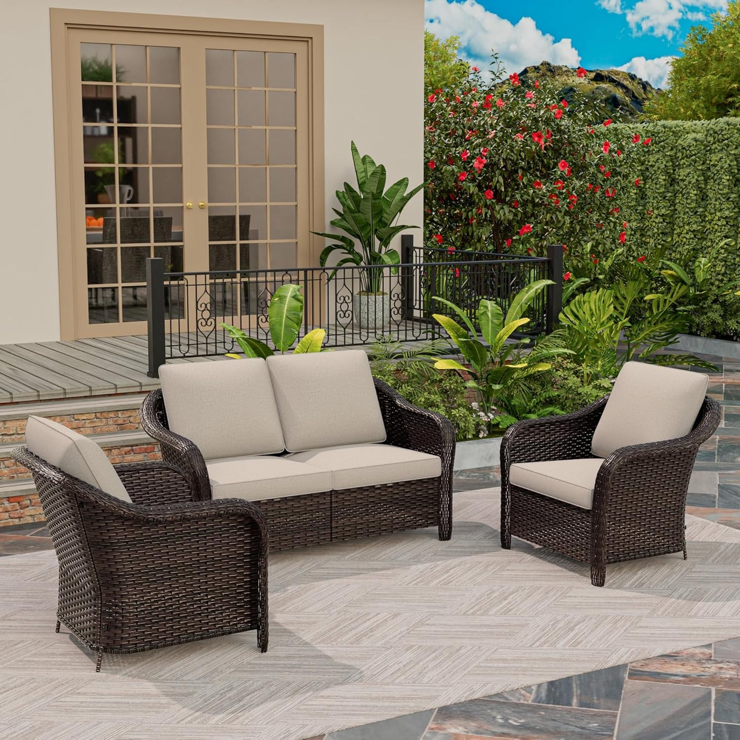 3 Piece Patio Wicker Conversation Set, All-Weather Use Outdoor Wicker Loveseat with 2 PE Rattan Chair, Ideal for Porch, Backyard, Balcony, Poolside, Beige