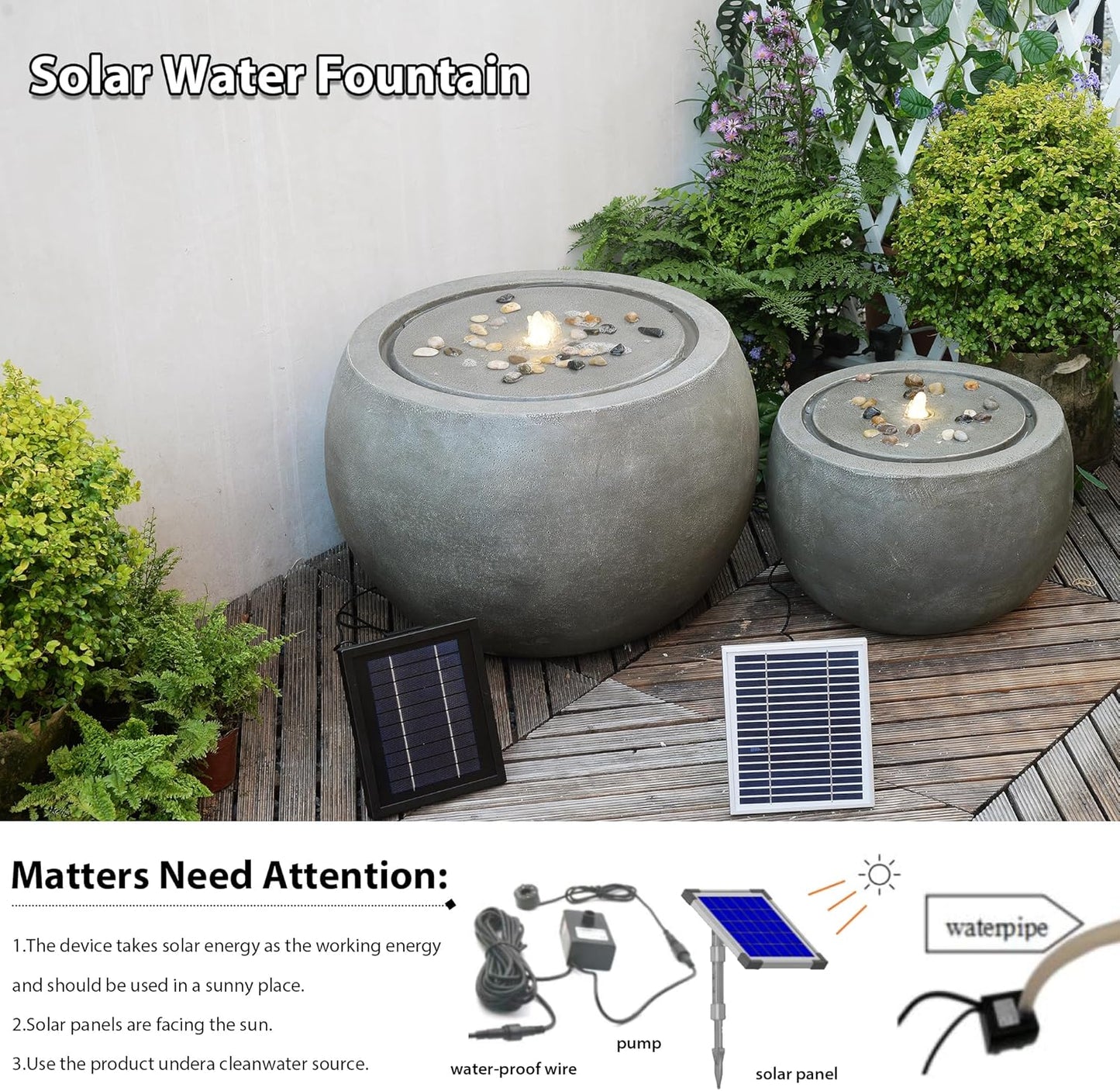 Solar Water Fountain Outdoor Garden Bubbler Large Water Feature Outdoor Fountains Solar Powered for Patio Deck Yard Home Decor Gray, 25 "L X 25" W X 17.5" H