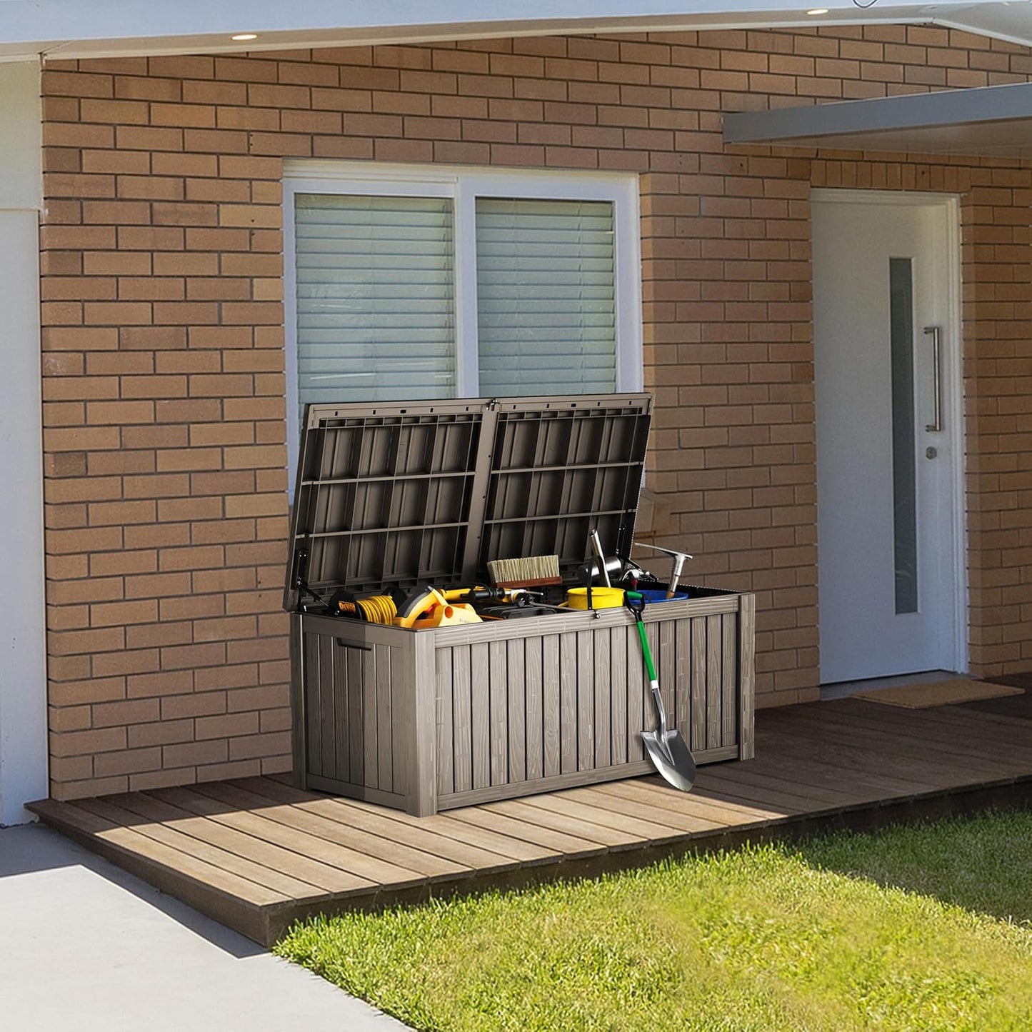 180 Gallon Lockable Resin Deck Box, Waterproof & UV-Resistant Outdoor Storage Box for Outdoor Cushion Storage, Garden Tools & Pool Accessories Storage, Gray