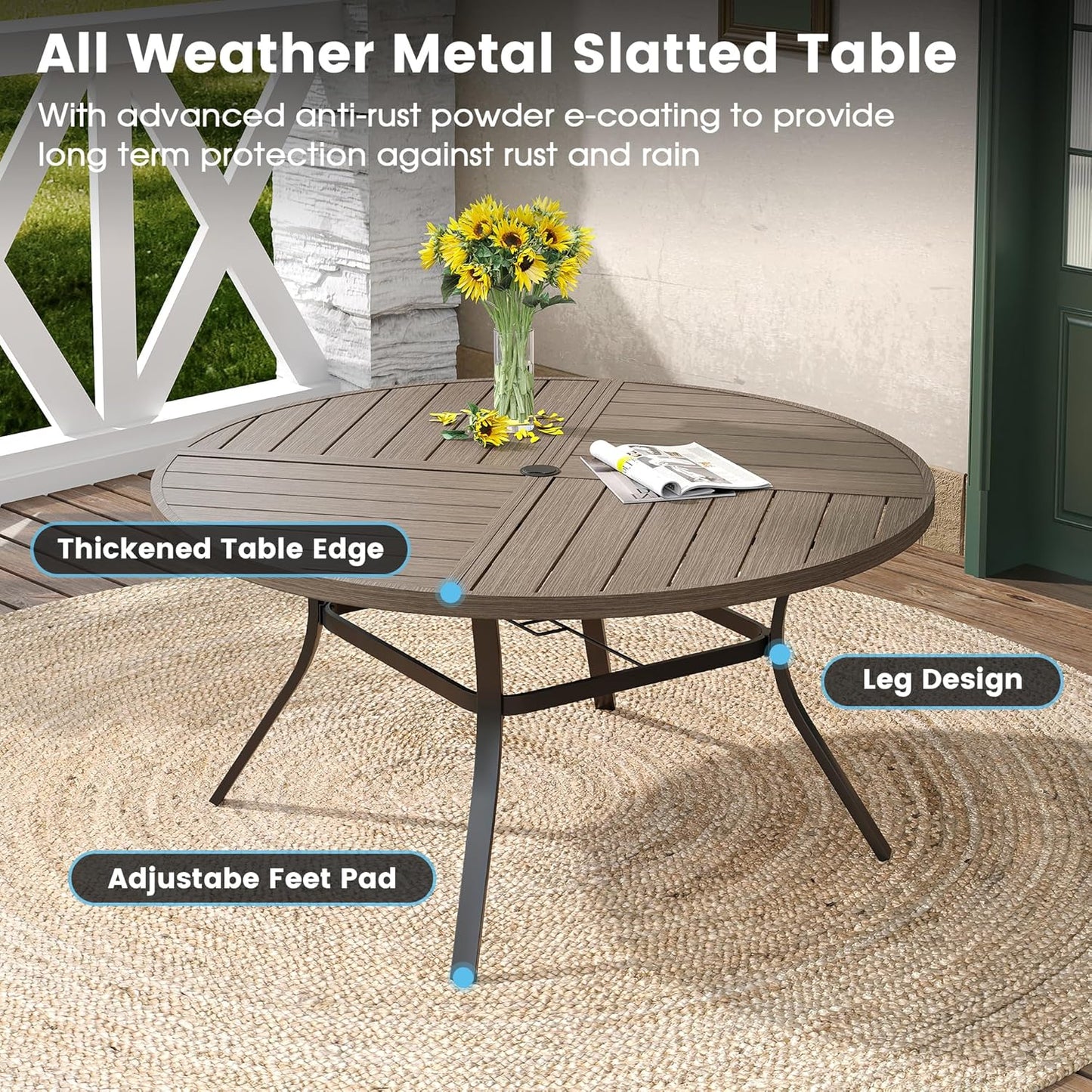 DIFY 53.1" Round Outdoor Patio Dining Table for 6-8, All-Weather Metal Steel Slatted Patio Table with 1.57" Adjustable Umbrella Hole, for Lawn Garden Porch Backyard, Grey Wood-Like