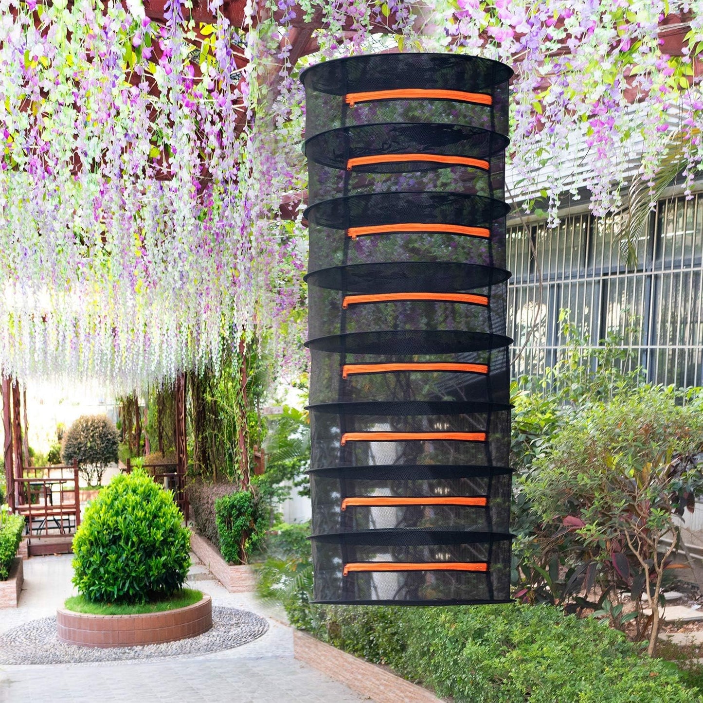 Desy & Feeci Herb Drying Rack-2ft Diameter 8 Layer Folding Mesh Hanging Basket Dryer Net with Zippers for Seeds Flowers Buds Plants Garden Outdoor Bumper Harvest(D24xH31 inch)