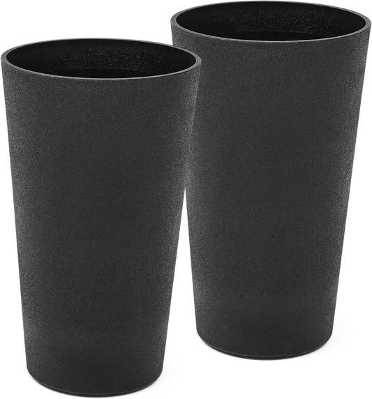 24" Set of 2 Tall Resin Outdoor Planters, Heavy-Duty Resin Flower Pots, Matte Black Leather Grain Finish, Durable & Weather-Resistant, Ideal for Garden, Patio, Yard, Porch, or Indoor Décor