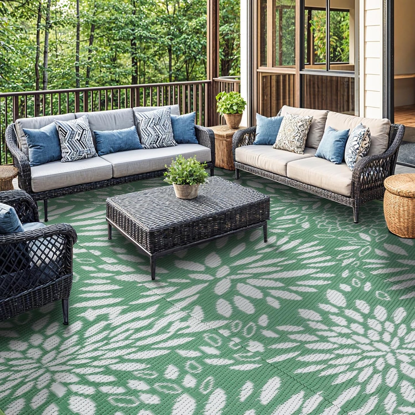 8'x10' Reversible Outdoor Rug - Eco-Friendly Plastic Straw Rug-Heavy-Duty Waterproof Mat, UV & Fade Resistant for Patio, Camping, RV, Deck, Balcony(8x10,Lake Blue&Floral)