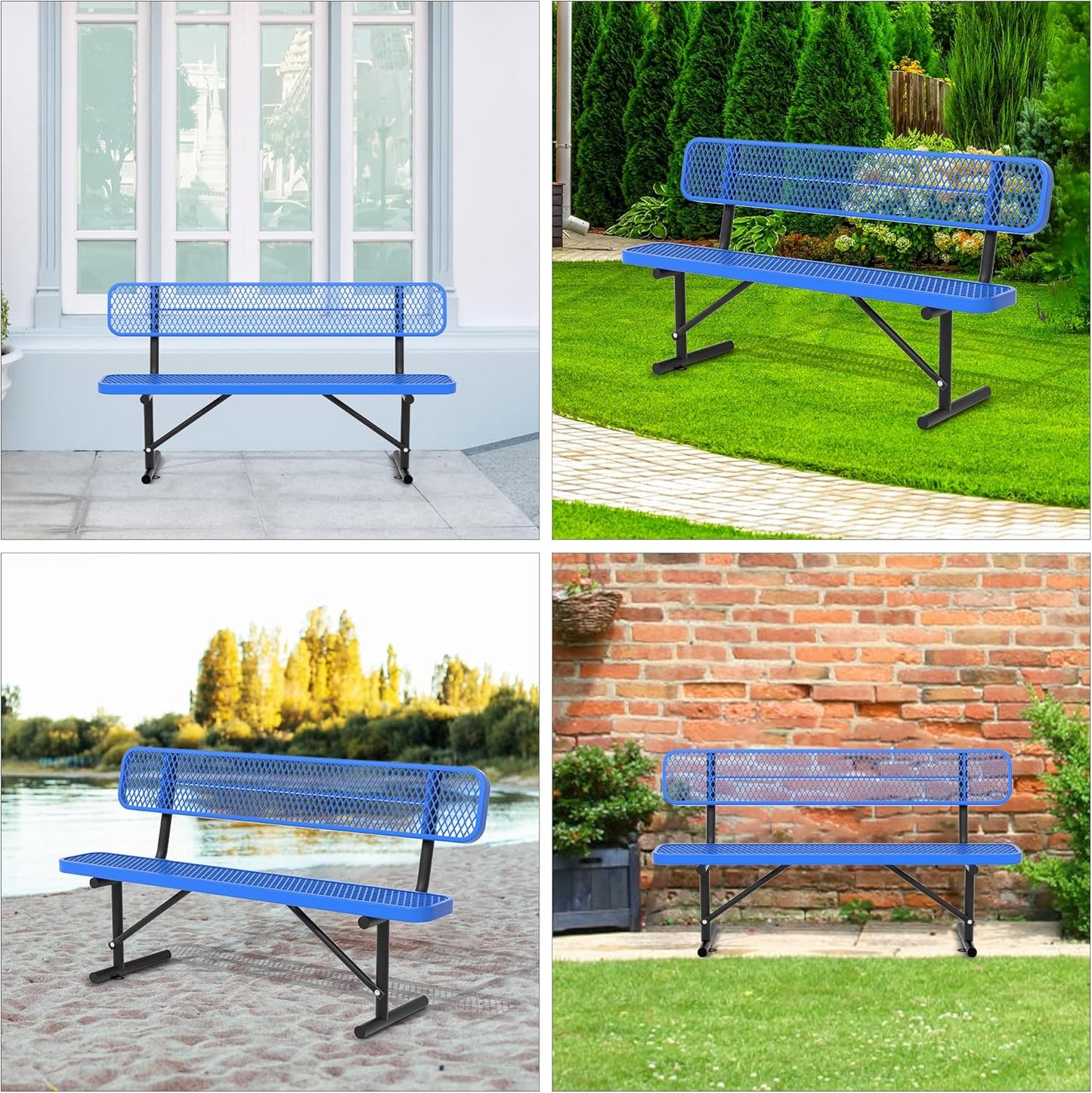 6 Feet Heavy Duty Metal Park Bench for Outside, Outdoor Steel Bench with Backrest & Portable Frame, Commercial Benches for Shopping Malls/Stores/Parks/Patios/Decks/School