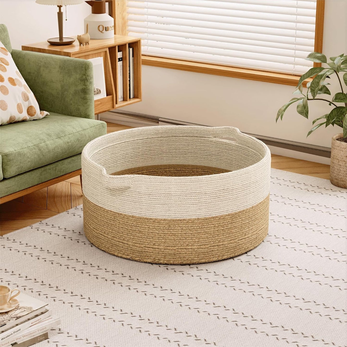 125L Extra Large Blanket Basket, 25" x 16", Jumbo Laundry Woven Baskets Decorative Home, Cotton Rope Basket with Handles, Baby Toy Baskets for Storage, White & Brown