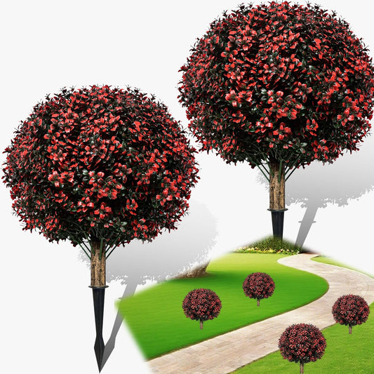 Fall Artificial Topiary Ball Boxwood Tree Outdoor with Spike,Set of 2 Large Faux Shrubs Bushes for Outdoor Planter,UV Resistant Autumn Fake Boxwood Plants for Potted Porch Indoor 24"