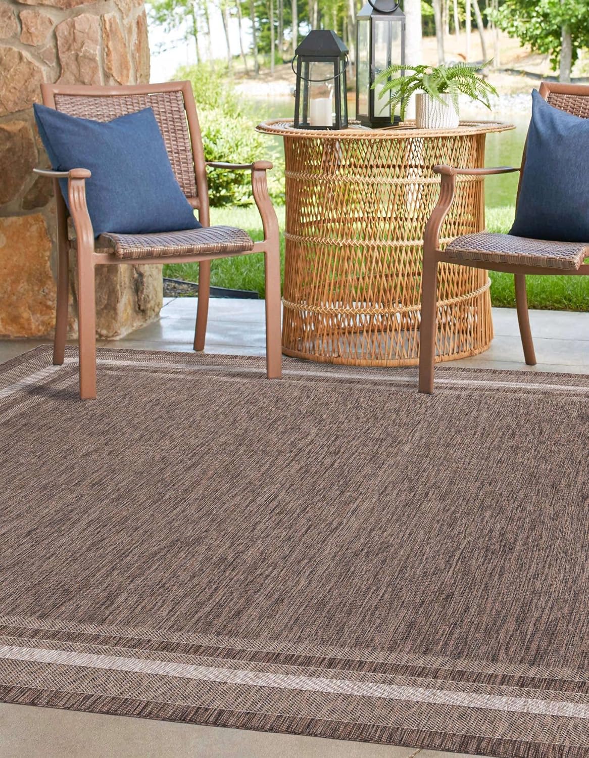 Unique Loom Outdoor Border Collection Area Rug - Soft Border (13' Square, Brown/ Ivory)