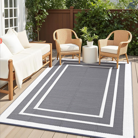 OLANLY Outdoor Rug 6x9 ft Waterproof, Reversible Outdoor Plastic Straw Rug, RV Mat, Indoor Outdoor Carpet Clearance for Patio, Camping, Balcony, Deck, Backyard, Grey & White