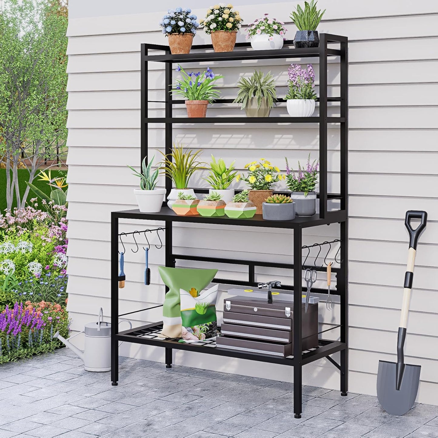 63” Metal Potting Bench&Table with Metal Tabletop, 4-Tier Plant Shelves, 8 Side Hooks, Outdoor/Indoor Gardening Workstation and Plant Stand, Black