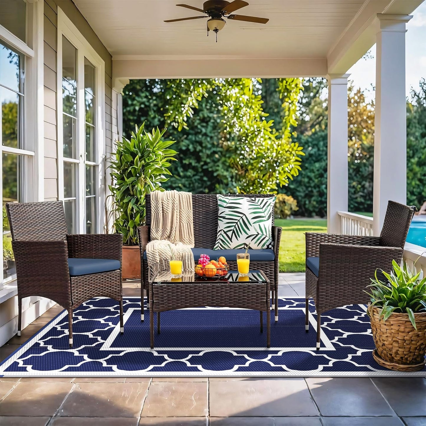 GENIMO 9' x 12' Outdoor Rug Waterproof for Patio Decor, Foldable Reversible Plastic Straw Area Rugs Mat for Camper, Outside Carpet for Rv, Deck, Porch, Picnic, Beach, Balcony, Blue & White