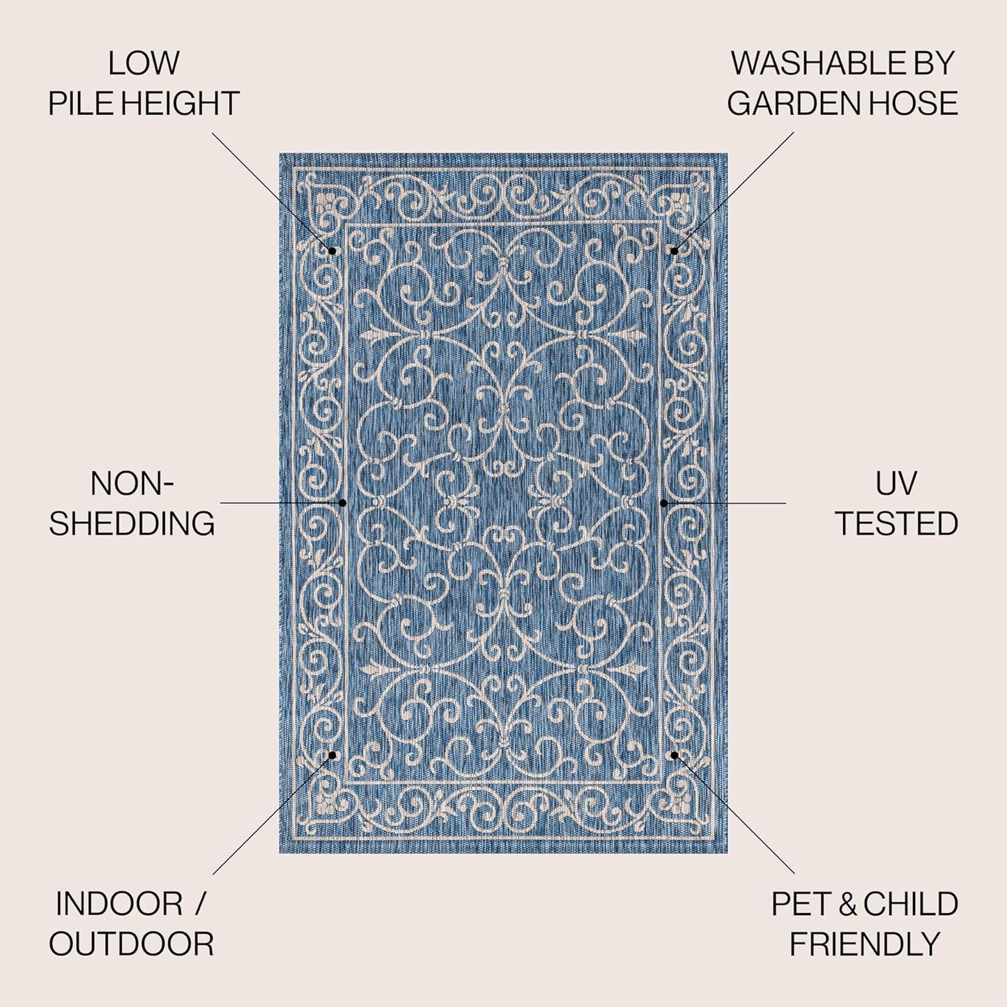 JONATHAN Y SMB106D-8SQ Charleston Vintage Filigree Textured Weave Navy/Gray 8' Square Indoor/Outdoor Area Rug, Pet Friendly, Non-Shedding, Stain Resistant, Easy-Cleaning for Backyard, Patio, Porch