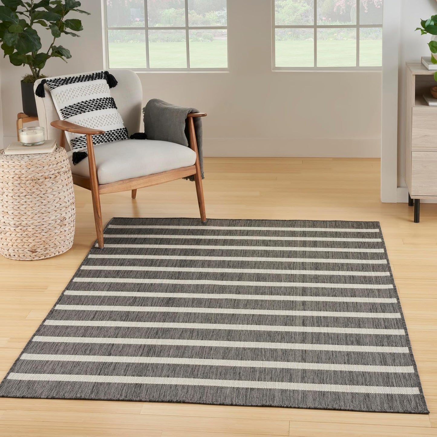 Nourison Home Positano 7' x 10' Indoor/Outdoor Charcoal Striped Area Rug, Easy Cleaning, Non Shedding, Bedroom, Living Room, Dining Room, Deck, Backyard, Patio