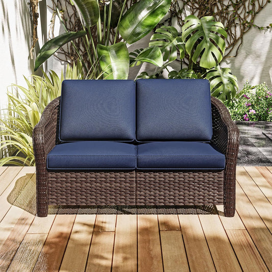 55" Outdoor Loveseat Wicker 2-seat Sofa with Removable Cushions, Conversation Patio Furniture, PE Rattan Couch, Steel Frame Couch with Cushions for Backyard, Deck (Navy Blue)