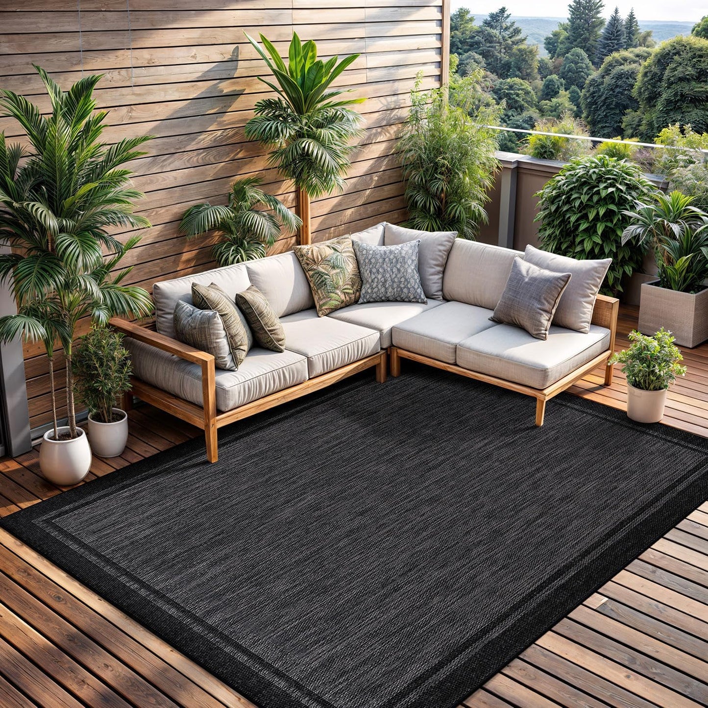 CAMILSON Indoor Outdoor Rug, 8x10 Bordered Dark Gray Black Modern Area Rugs for Indoor and Outdoor Patios, Kitchen and Hallway Mats, Washable Porch Deck Outside Carpet (Bordered Black, 8 x 10)