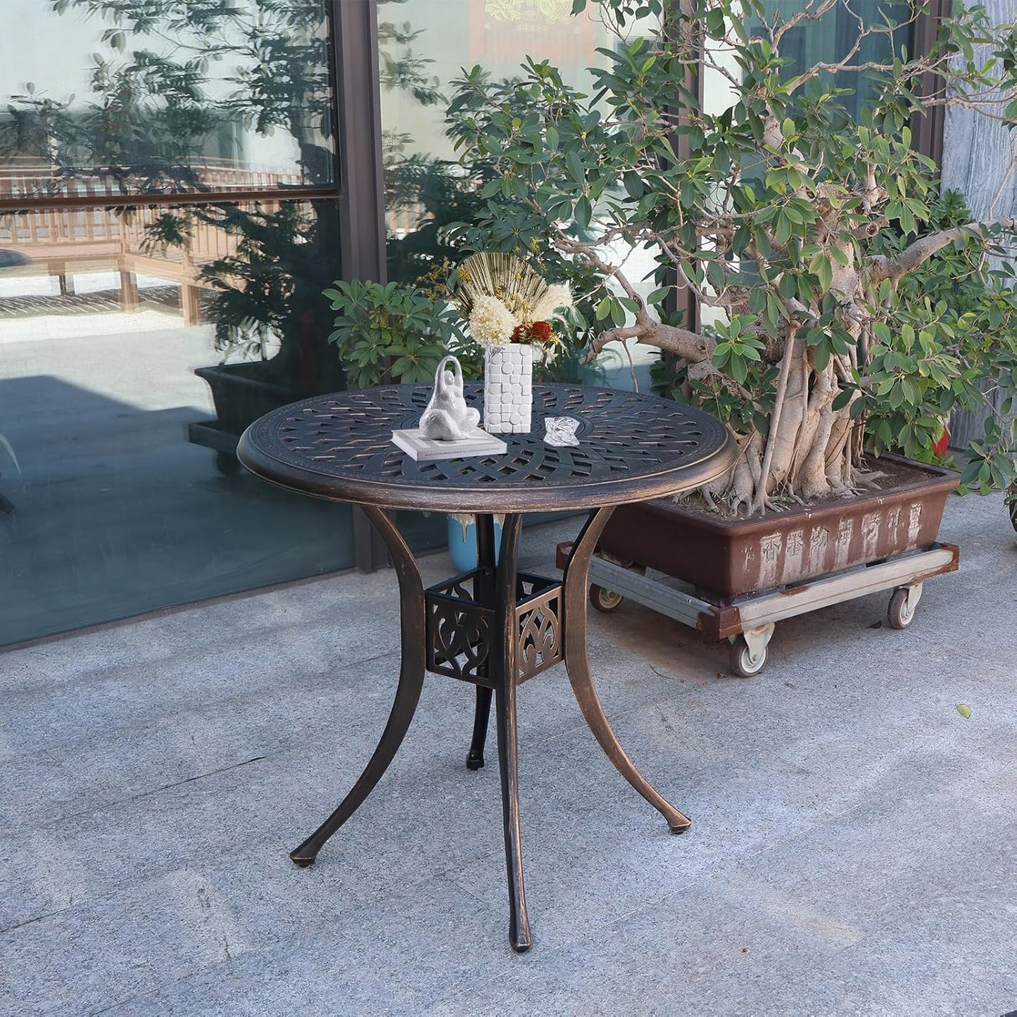 30.7" Outdoor Round Cast Wrought Aluminum Patio Metal Dining Table with Umbrella Hole, Cast Aluminum Frame Bistro Table for Backyard Lawn Balcony Deck, Bronze