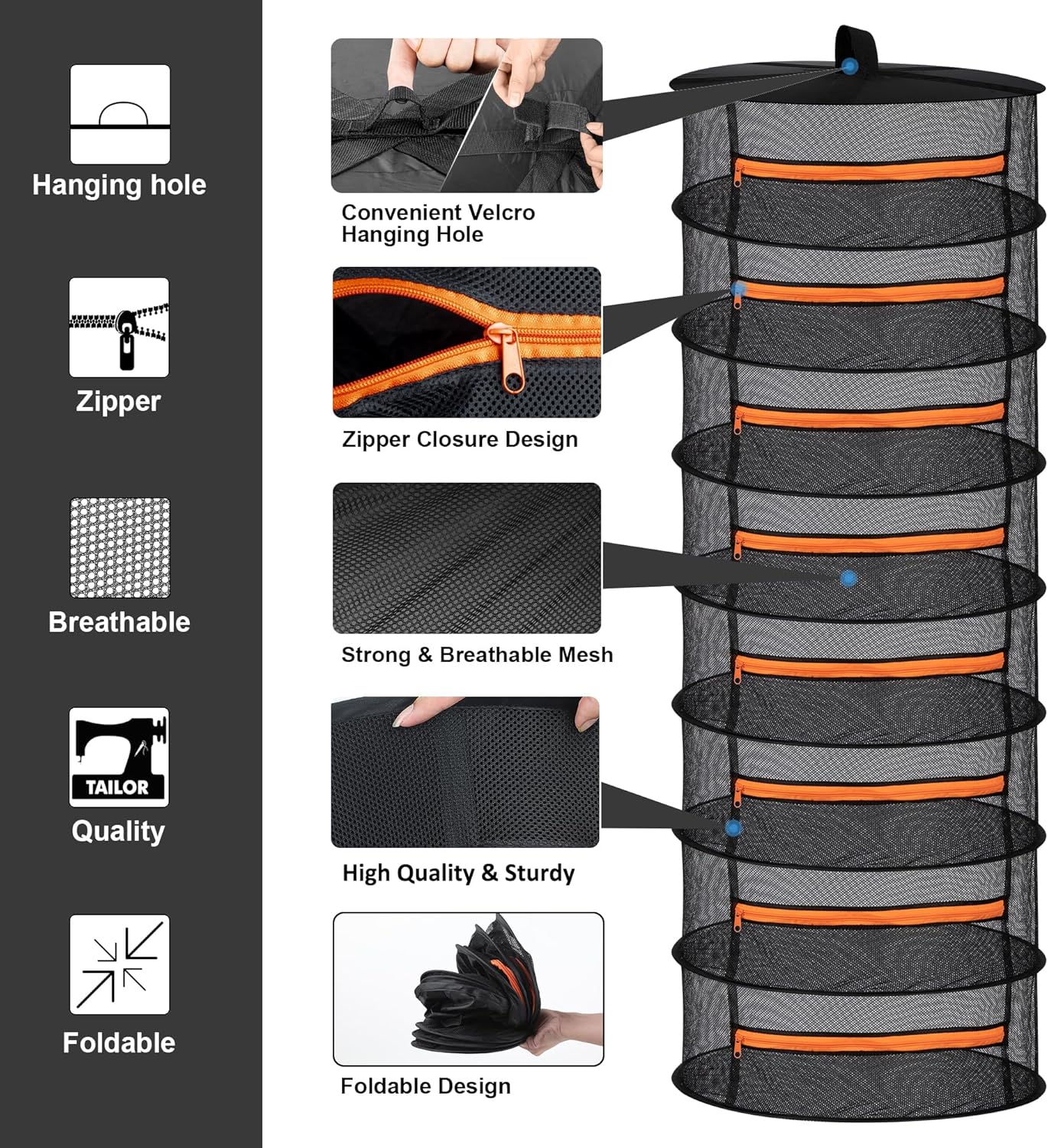 Desy & Feeci Herb Drying Rack-2ft Diameter 8 Layer Folding Mesh Hanging Basket Dryer Net with Zippers for Seeds Flowers Buds Plants Garden Outdoor Bumper Harvest(D24xH31 inch)