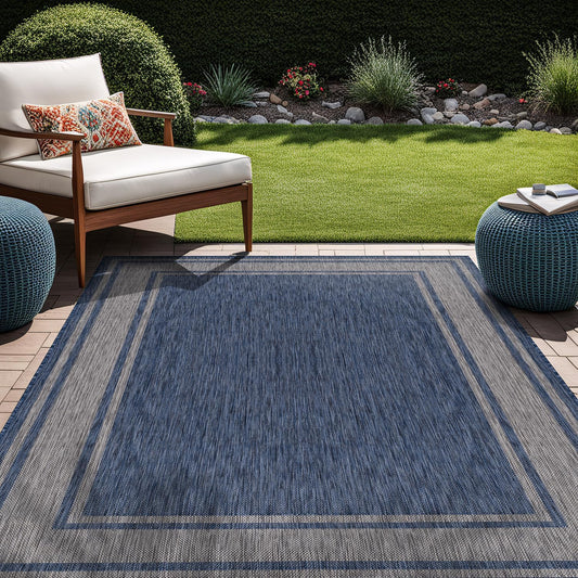 Beverly Rug Outdoor Rug 6x9 Modern Bordered Area Rugs for Indoor and Outdoor Patio Deck Porch Garden Waterproof Weather Sun Resistant Washable Outside Carpet (6 x 9 Navy)