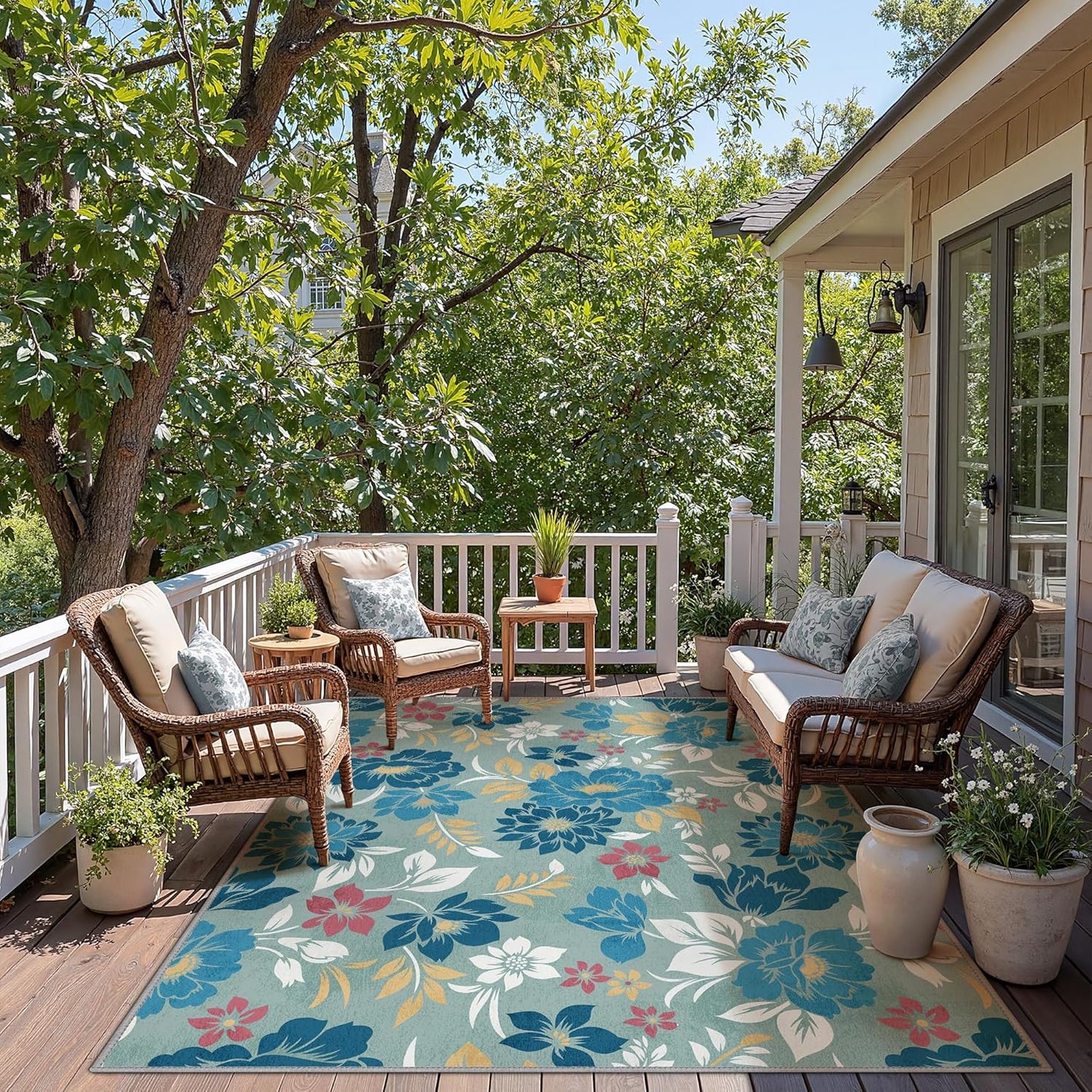 GENIMO Indoor Outdoor Area Rug 8' X 10' Waterproof, Washable Patio Rug Non Shedding, Easy Cleaning Floral Outdoor Carpet for Living Room, Bedroom, Dining Room, Balcony, Backyard, Deck, RV, Blue Grey