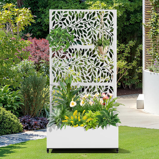 FENCY Metal Raised Garden Bed with Wheels and Trellis,73"x35"x16" Planter Box for Climbing Plants, Vegetables & Vines, Features Privacy Screen and Drainage Holes (White-Leaf-2)