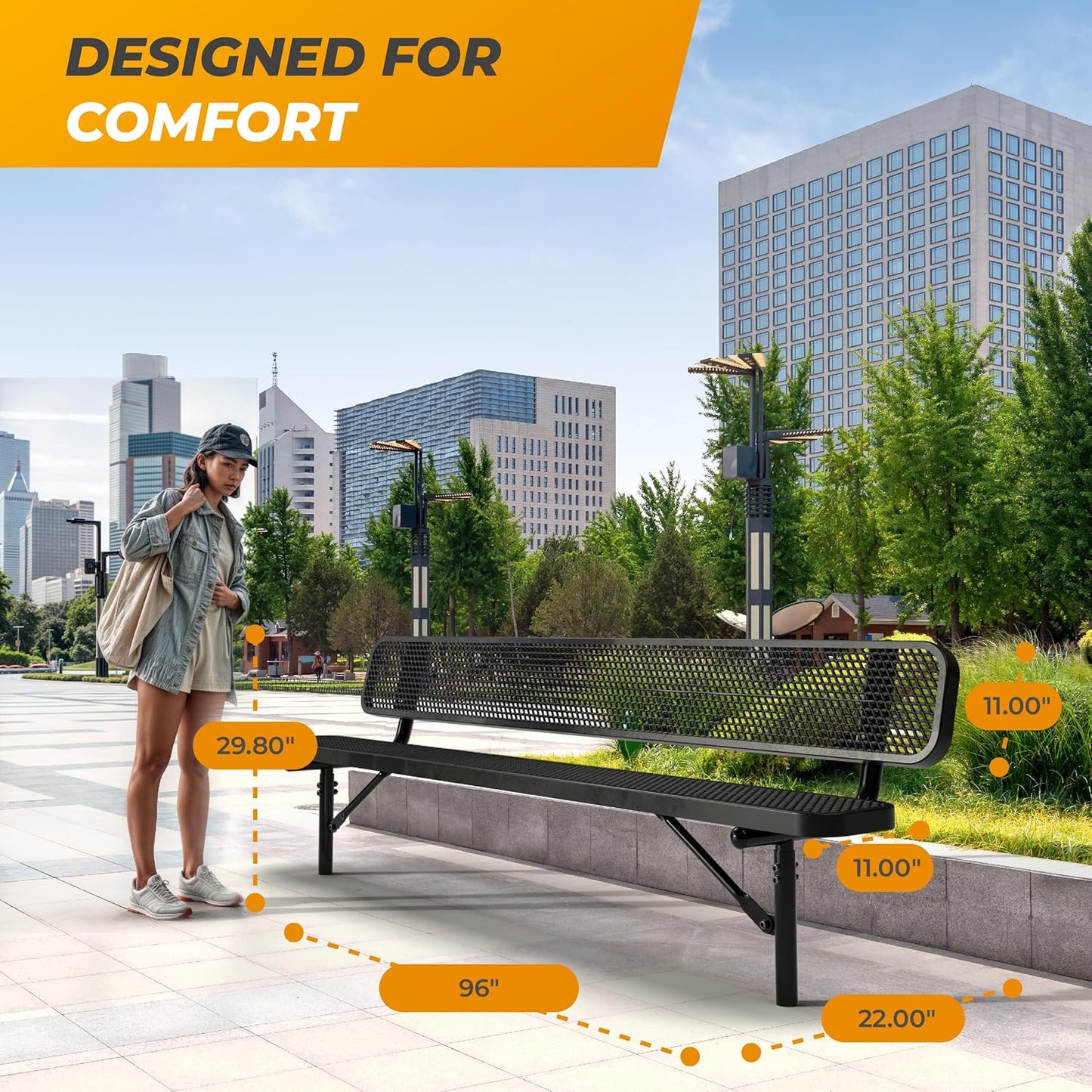 Heavy-Duty Outdoor Metal Bench, Thermoplastic-Coated, Inground, Weatherproof, Commercial-Grade for Parks, Gardens, Patios, Stores & More (8 Ft - Inground with Back, Black)