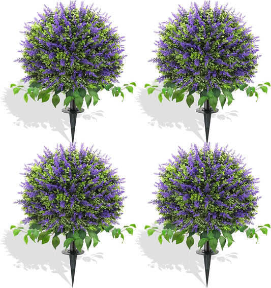 28" Artificial Boxwood Topiary Ball with Lavender, UV Resistant Topiary Tree Faux Boxwood Ball Shaped Porch Bushes with Ground Spike Artificial Bushes for Outdoors Front Door Decor Home Garden