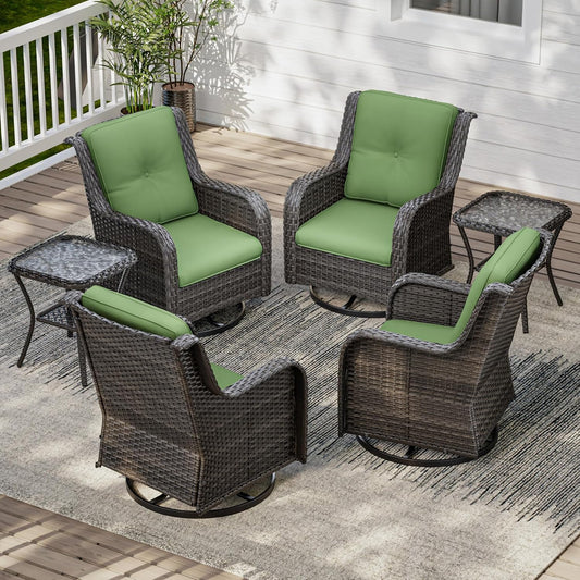 6 Pieces Outdoor Furniture Set - Patio Wicker Swivel Rocker Chair Set of 4 and 2 Side Table, Green, Mixed Brown Rattan, Suitable for Porch, Yard