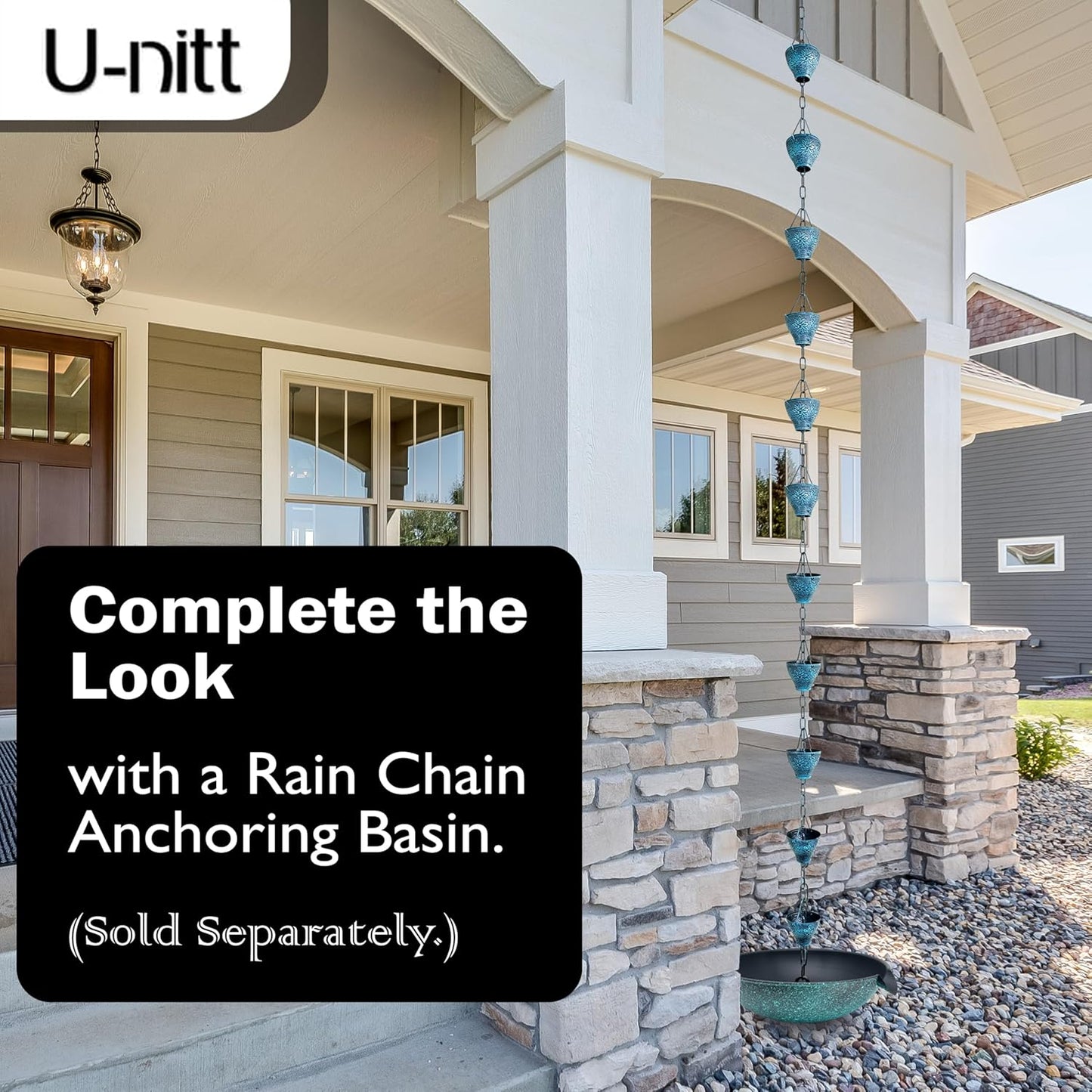 U-nitt Rain Chain Water Collection for Gutters, Rainwater Catcher & Diverter, 8.5 FT Chains for Outside Garden, Sunflower Cups, Roof Downspout, Works with Heavy Rain, w/Gutter Clip for Rainchains