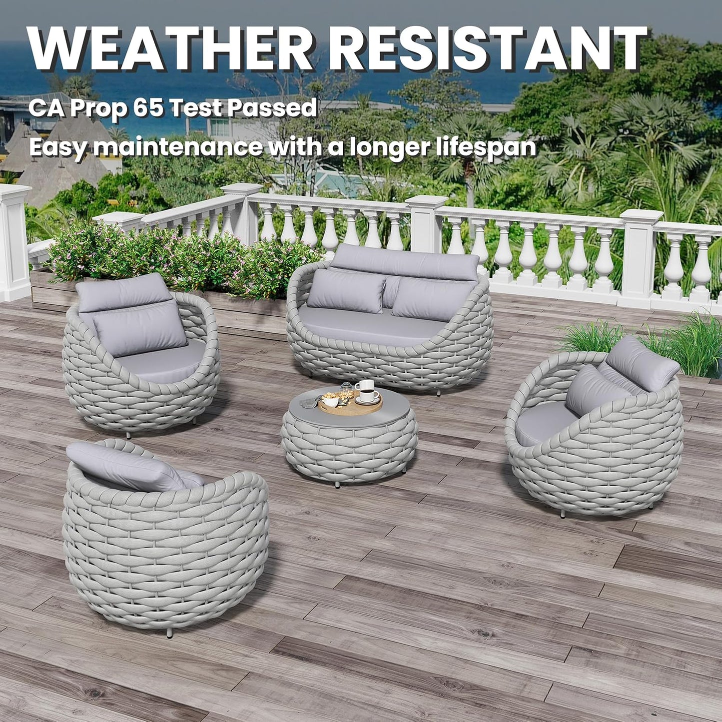 Fully Assembled Patio Furniture Set: 5 Pieces Woven Rope Outdoor Conversation Set Cushioned - Modern Metal Deck Loveseat Chair Table Set - Porch Seating for Yard Garden Pool Hotel Resort, Grey