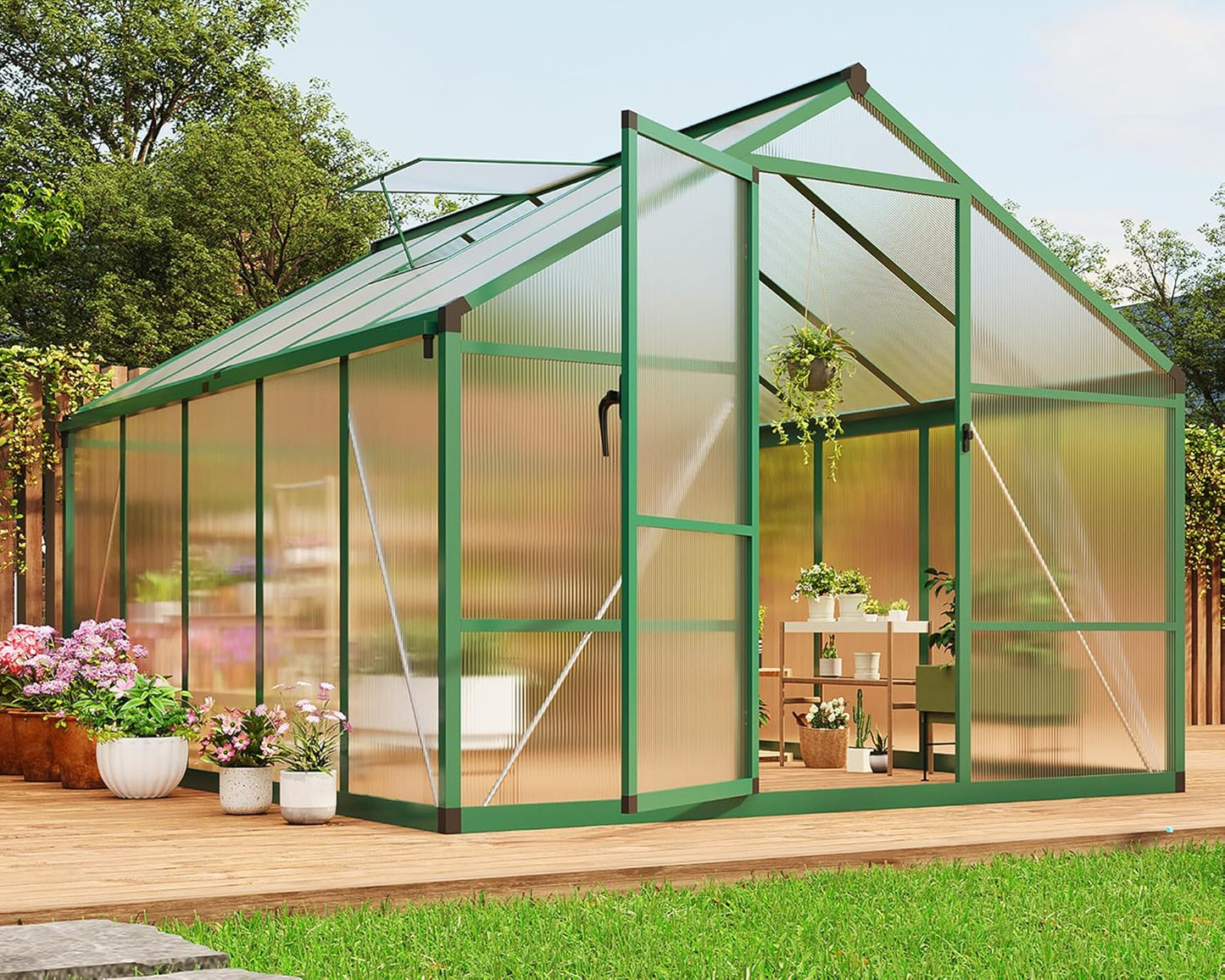 8 x 10 FT Greenhouse, Greenhouses for Outside, Polycarbonate Greenhouse with Aluminum Frame, Lockable Door and Ajustable Roof Vent for Backyard, Green Houses for Outside Garden Backyard, Patio