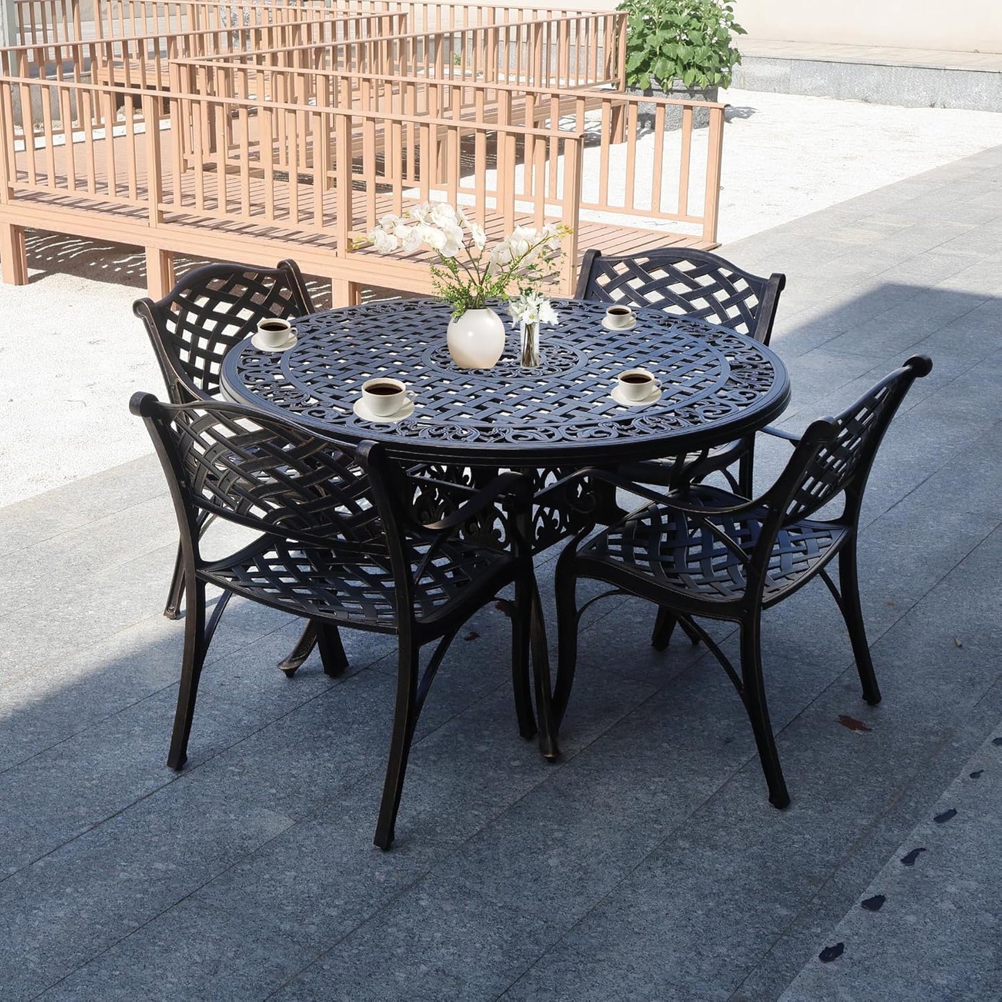 5 Piece Modern Outdoor Dining Set for 4, Bronze Aluminum Patio Table and Chairs, 48" Round Table with Umbrella Hole, Weather Resistant