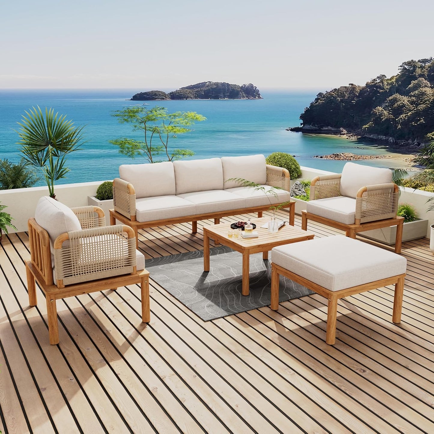 5-Piece Acacia Wood and Rope Patio Sofa Set, Outdoor Conversation Set with Acacia Wood Coffee Table and Ottoman, 2 Club Chair for Backyard Porch Garden Balcony