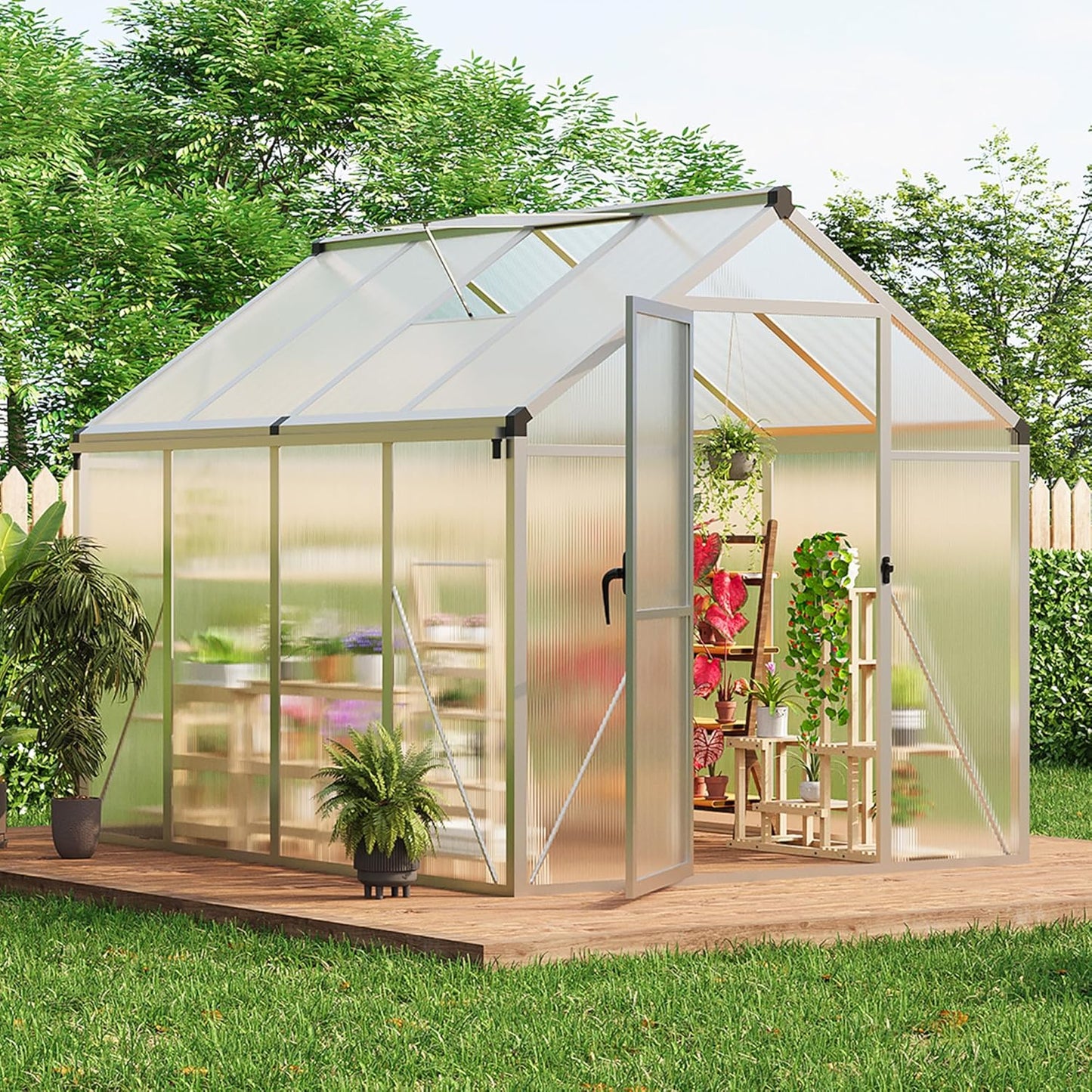 6 x 8 FT Greenhouse, Greenhouses for Outside, Polycarbonate Greenhouse with Aluminum Frame, Lockable Door and Ajustable Roof Vent for Backyard, Green Houses for Outside Garden Backyard, Patio