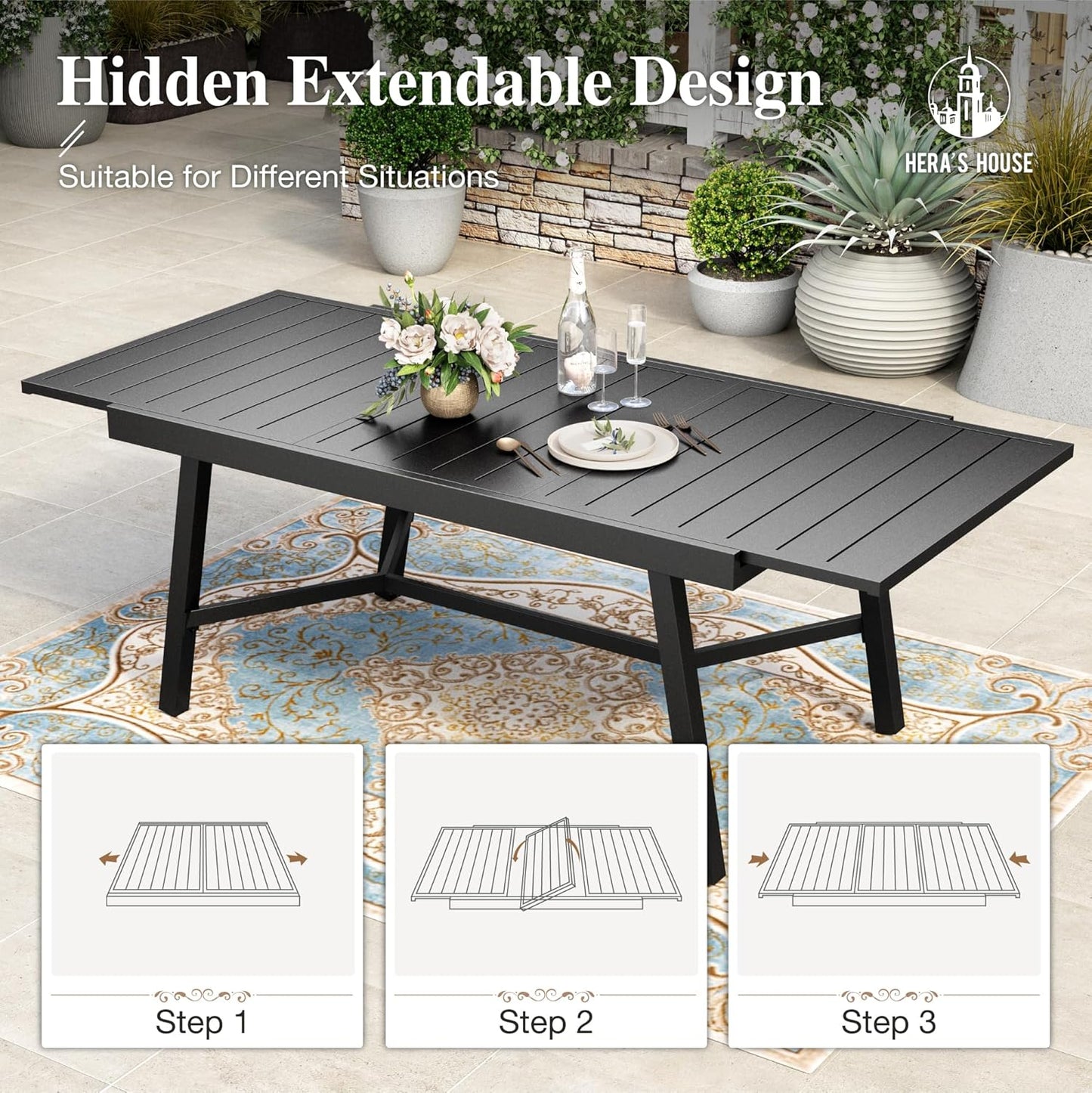 HERA'S HOUSE Extendable Patio Table and Chairs Set for 8, 9 Pieces Outdoor Dining Set, Rectangular Metal Dining Table with 8 x Chairs for Deck Lawn Garden Porch, Blue