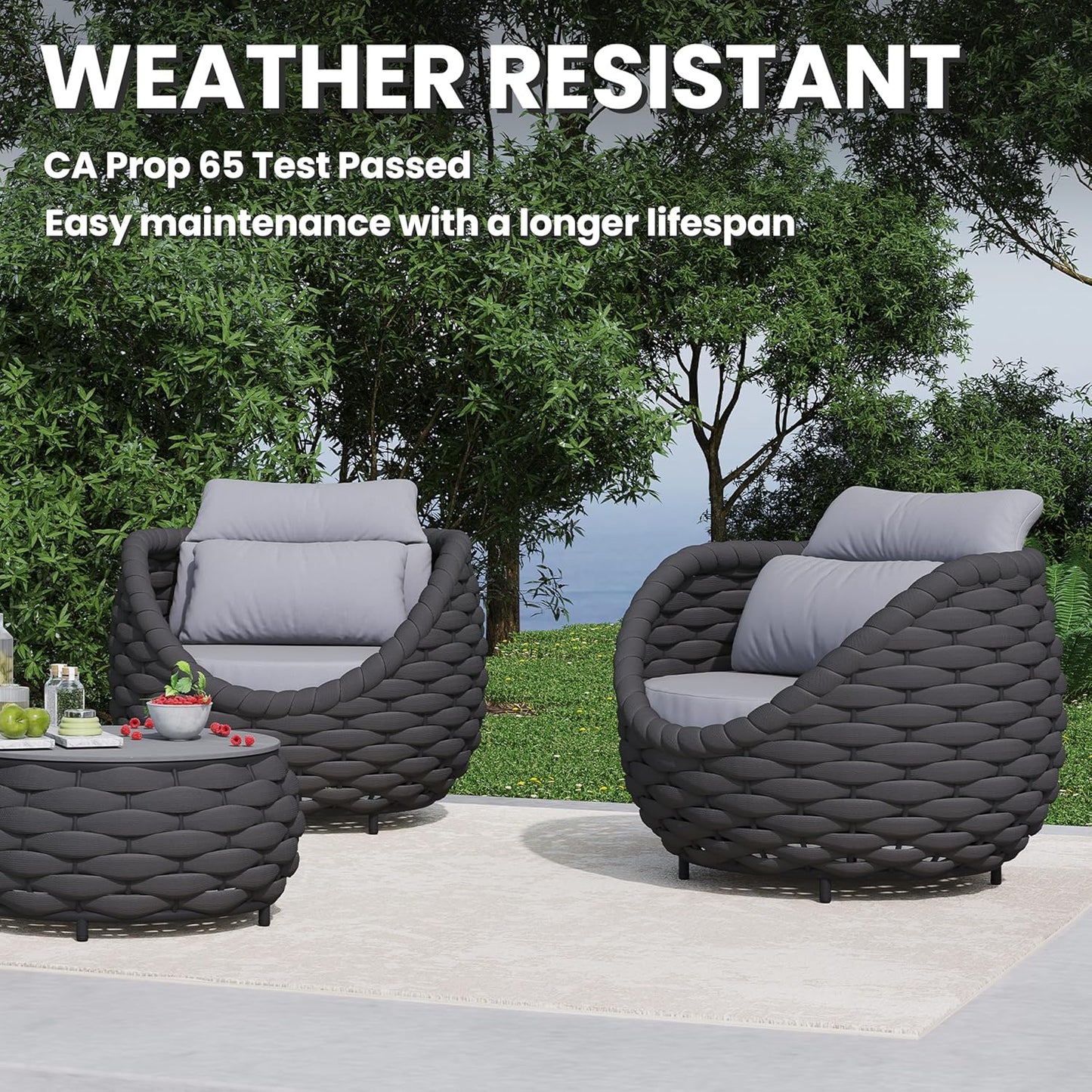 3 Pieces Woven Rope Patio Furniture Sofa Sets: Aluminum Outdoor Conversation Set of 2 - Assembled Modern Cushions Couch Armchair Table Set - All Weather for Indoor Deck Porch Pool Hotel