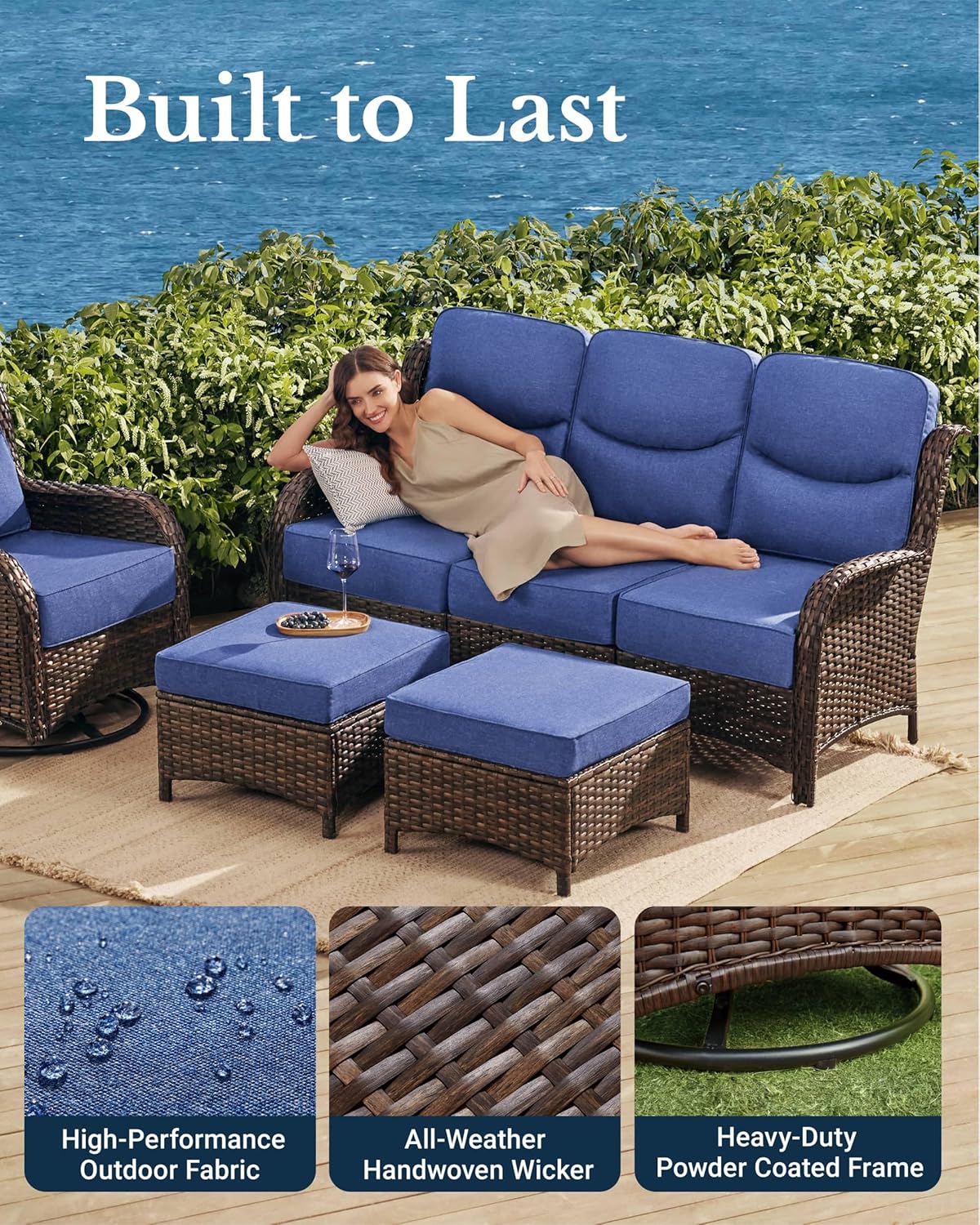 HILLGA Luxury Patio Furniture Set with 6-inch Thick Cushion, Outdoor Couch, Loveseat and High Back Swivel Rocker Patio Chairs, 7PCS Wicker Conversation Set for Deck Yard and Poolside, Blue (V2)