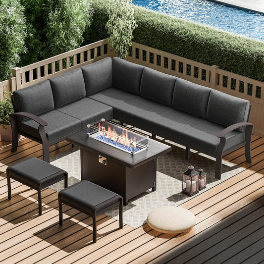 Aluminum Patio Furniture Set with Fire Pit Table, 8 Seats Outdoor Patio Conversation Set Modern Metal Patio Sectional Sofa w/5.1" Upgrade Cushions for Porch, Patio, Backyard(Grey).