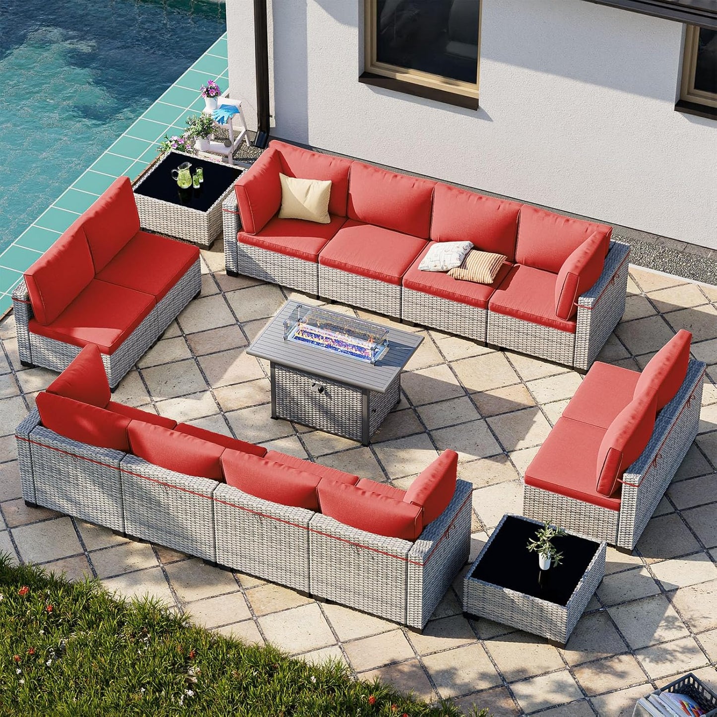 15-Piece Patio Furniture Set, Outdoor Patio Furniture with 55,000 BTU Fire Pit Table, Thick Cushions, Modular Patio Sofa, Dual-Strand Wicker Rattan, Rust-Resistant Frame, Red