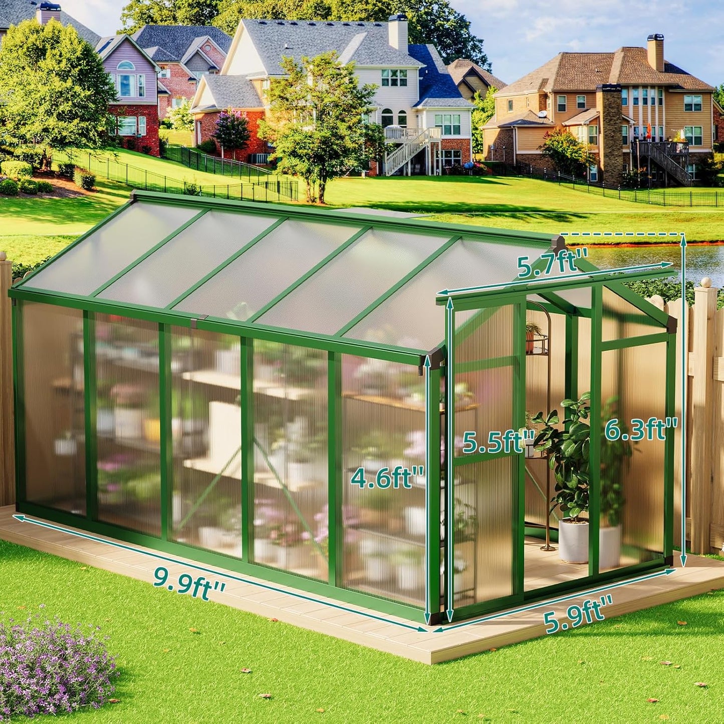 6x10 FT Greenhouse, Large Aluminum Greenhouses for Outdoors, Heavy Duty Polycarbonate Greenhouse with Roof Vent, Walk-in Green Houses for Winter Garden, Backyard, Patio, Lawn, Easy Assembly